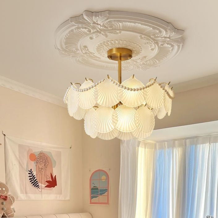 Lustre de Cristal com Pérolas e Conchas Estilo Francês