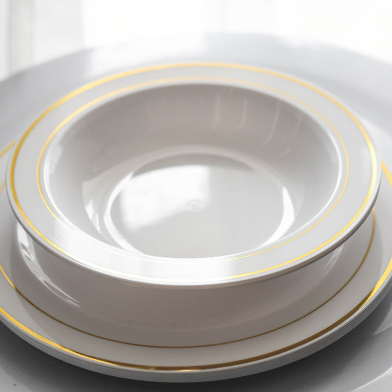 Prato Descartável Elegante Branco com Borda Dourada - 3 Tamanhos