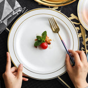 Prato Descartável Elegante Branco com Borda Dourada - 3 Tamanhos