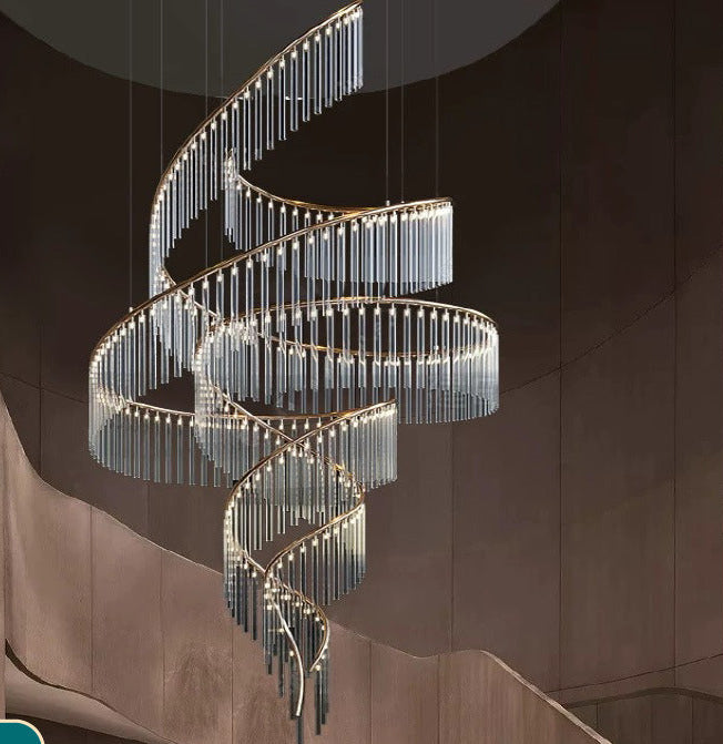 Detalhe da estrutura espiral em metal cromado do Lustre Luxo Duplex
