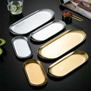 Bandeja oval dourada inox design vintage europeu vista frontal completa