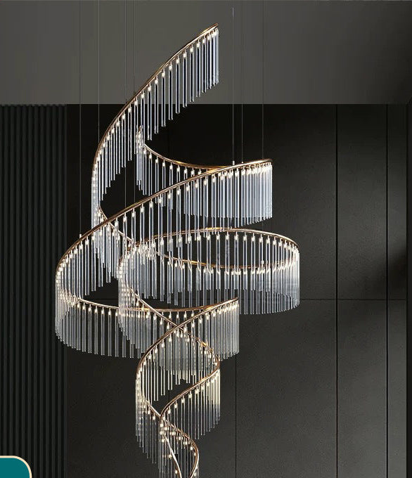 Lustre Luxo Duplex Espiral dourado com cristais pendentes para pé direito alto
