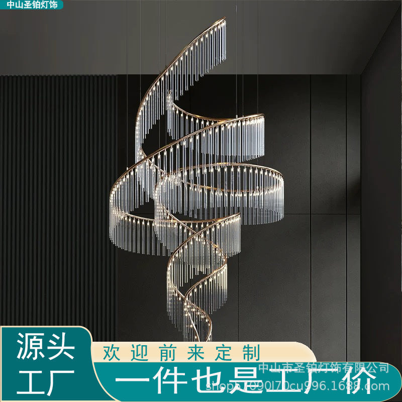 Lustre Luxo Duplex Espiral dourado com cristais pendentes para pé direito alto
