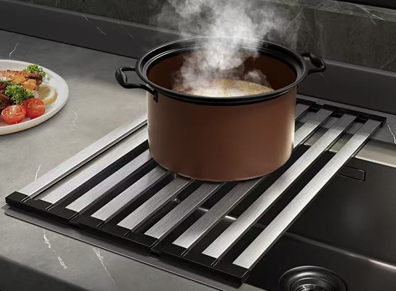 Escorredor dobrável silicone cozinha design ergonômico alças laterais